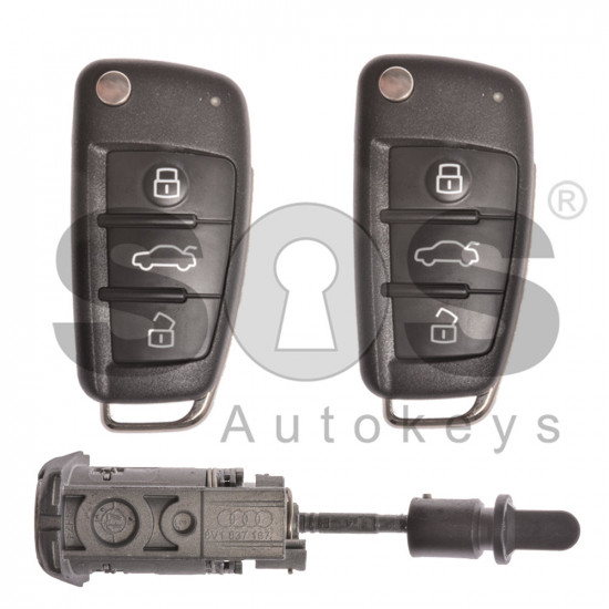 OEM Set for Audi A3/S3/RS3 Buttons:3 / Frequency: 434MHz / Transponder: Megamos 88/ AES / Blade Signature: HU66 / Immobiliser System: MQB / Set Part Number: 8V1800375AC / Key Part No: 8V0837220D / Left Door / Keyless GO
