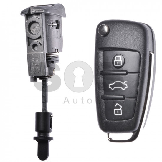 OEM Set for Audi A3/S3 Buttons:3 / Frequency: 434MHz / Transponder: Megamos 88/ AES / Blade Signature: HU66 / Immobiliser System: MQB / Set Part No: 8V2837200T/ 8V1837220R  / Key Part No: 8V0837220