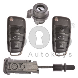 OEM Set for Audi A3/S3/RS3 Buttons:3 / Frequency: 434 MHz / Transponder: Megamos 88/ AES / Set Part Number:8V2 800 375 R / 8V1 800 375 R  / Key Part No:8V0 837 220  / Blade Signature:HU66 / MQB SYSTEM / Left Door