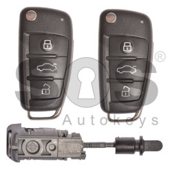 OEM Set for Audi A3/S3/RS3 Buttons:3 / Frequency: 434MHz / Transponder: Megamos 88/ AES / Blade Signature: HU66 / Immobiliser System: MQB / Set Part Number: 8V2800375S / Key Part No: 8V0837220D / Right Door / Keyless GO