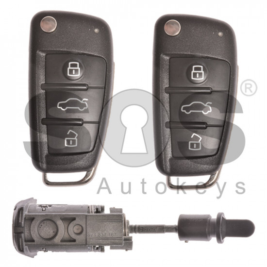 OEM Set for Audi A3/S3/RS3 Buttons:3 / Frequency: 434MHz / Transponder: Megamos 88/ AES /  Blade Signature: HU66 / Immobiliser System: MQB / Set Part Number: 8V1800375AL / Key Part No: 8V0837220D / Left Door / Keyless GO