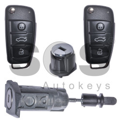 OEM Set for Audi Q2 Buttons:3 / Frequency: 434 MHz / Transponder: Megamos Crypto/ 128-bit/ AES / Blade Signature: HU66 / Immobiliser System: MQB / Set Part Number: 83C800375AD / Key Part No: 81A837220D / Keyless GO / RIGHT DOOR