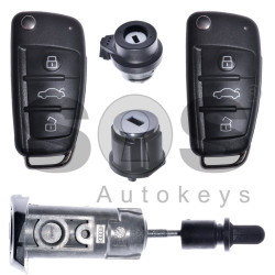 OEM Set for Audi Buttons:3 / Frequency: 434 MHz / Transponder: Megamos Crypto/ 128-bit/ AES / Blade Signature: HU66 / Immobiliser System: MQB / Set Part Number: 83C800375AB / Key Part No: 81A837220 / RIGHT DOOR