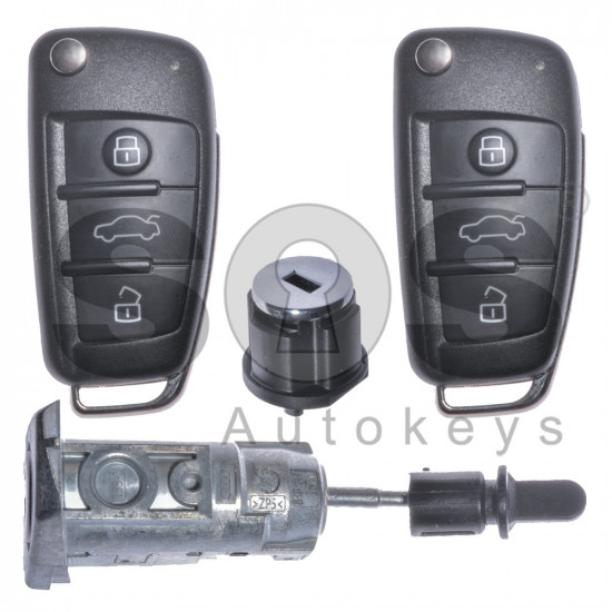 OEM Set for Audi Buttons:3 / Frequency: 434 MHz / Transponder: Megamos Crypto/ 128-bit/ AES / Blade Signature: HU66 / Immobiliser System: MQB / Set Part Number: 83B800375BH / Key Part No: 81A837220D / Keyless GO / LEFT DOOR