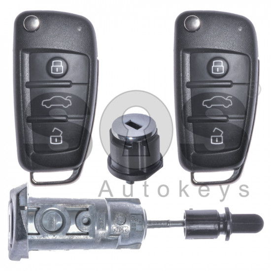 OEM Set for Audi RS Buttons:3/Frequency:434 MHz/Transponder: Megamos Crypto/128-bit/AES/Blade Signature: HU66/Immobiliser System: MQB / Set Part Number: 83B 800 375 BR/BM/DN/ Key Part No: 81A 837 220 R / 81A 837 220 AH / Keyless GO / LEFT DOOR