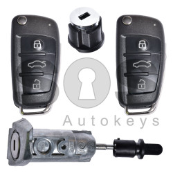 OEM Set for Audi Q2 Buttons:3 / Frequency: 434 MHz / Transponder: Megamos Crypto/ 128-bit/ AES / Blade Signature: HU162T / Immobiliser System: MQB / Set Part Number: 83B800375CB / Key Part No: 81A837220H / Keyless GO / LEFT DOOR