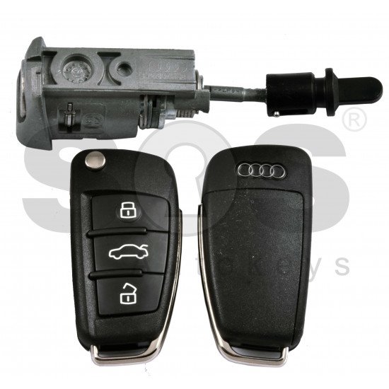 OEM Set for Audi A3/S3 USA Buttons:3 / Frequency: 315MHz / Transponder: Megamos 88 / AES / Immobiliser System: MQB / Set Part Number: 8V2 800 375 A / Key Part No: 8V0 837 220B