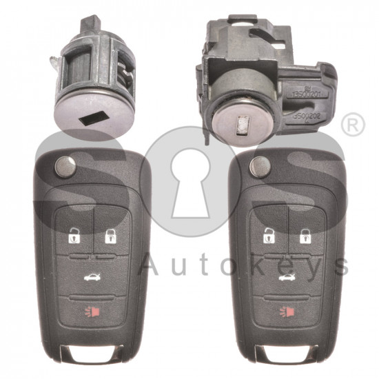 OEM Set for Chevrolet Buttons:3+1 / Frequency: 433MHz / Transponder: HITAG2/ ID46 / Blade Signature: HU100 / Manufacture: WITTE / Part No: GM13582820 / KEYLESS GO