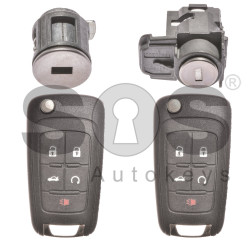 OEM Set for Chevrolet Camaro Buttons:4+1 / Frequency: 433MHz / Transponder: HITAG2/ ID46 / Blade Signature: HU100 / Manufacture: WITTE / Part No: GM13501260 / KEYLESS GO