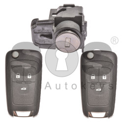 OEM Set for Chevrolet Buttons:3 / Frequency: 434MHz / Transponder: HITAG2/ ID46 / Blade Signature: HU100 / Manufacture: WITTE / Part No: GM13501938 / KEYLESS GO