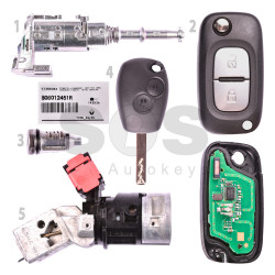 OEM Set Ren Clio 3/ Kangoo/ Master Buttons:2 / Frequency: 433MHz / Transponder: PCF7961 / Blade signatgure:VA2 / Immobiliser System:BCM / Part No: 806012451R