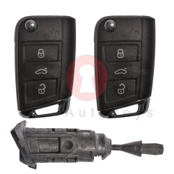 OEM Set for VW GOLF 7/ TIGUAN Buttons:3 / Frequency: 433MHz / Transponder:MEGAMOS 88/ AES / Blade signature:HU162T / Immobiliser system: KESSY / Set Part No: 5TA800375BM / Key Part No: 5G6959753AB / Keyless Go / LEFT Door