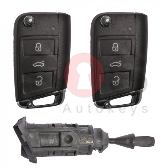 OEM Set for VW GOLF 7/ TIGUAN Buttons:3 / Frequency: 433MHz / Transponder: MEGAMOS 88/ AES / Blade signature:HU162T / Immobiliser system: KESSY / Set Part No: 5NA800375AH / Key Part No: 5G6959753AB / Keyless Go / LEFT Door
