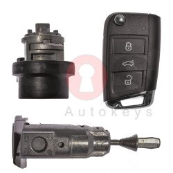 OEM Set for VW GOLF 7 Buttons:3 / Frequency: 433MHz / Transponder: MEGAMOS 88/ AES / Blade Signature:HU66 / Immobilaser system:MQB / Set Part No: 5G0800375DB / Key Part No: 5G0959753BB / RIGHT Door
