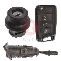 OEM Set for VW TOURAN Buttons:3 / Frequency: 434MHz / Transponder: MEGAMOS 88/ AES / Blade Signature: HU162T / Immobiliser System: MQB / Set Part No: 5TA800375CL / Key Part No: 5G6959753Q / LEFT Door