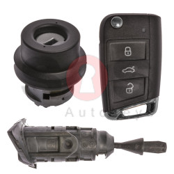 OEM Set for VW TIGUAN Buttons:3 / Frequency: 434MHz / Transponder: MEGAMOS 88/ AES / Blade Signature: HU162T / Immobiliser System: MQB / Set Part No: 5NA800375BJ / Key Part No: 5G6959753AG / LEFT Door