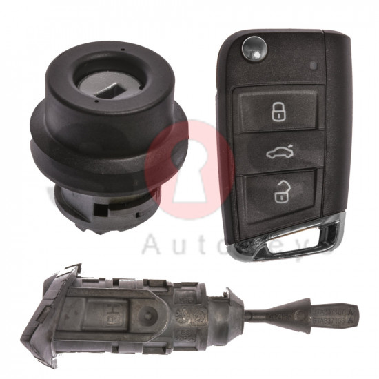 OEM Set for VW TOURAN Buttons:3 / Frequency: 434MHz / Transponder: MEGAMOS 88/ AES / Blade Signature: HU162T / Immobiliser System: MQB / Set Part No: 5TA800375CM / Key Part No: 5G6959753AG / RIGHT Door