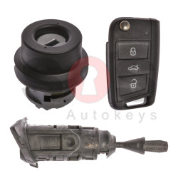 OEM Set for VW TIGUAN Buttons:3 / Frequency: 434MHz / Transponder: MEGAMOS 88/ AES / Blade Signature: HU162T / Immobiliser System: MQB/ Set Part No: 5NA800375PN / Key Part No: 5G6959753Q / LEFT Door