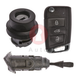 OEM Set for VW TOURAN Buttons:3 / Frequency: 434MHz / Transponder: MEGAMOS 88/ AES / Blade Signature: HU162 T / Immobiliser System: MQB / Set Part No: 5TA800375AG / Key Part No: 5G6959753AG / LEFT Door