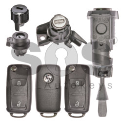 OEM Set for VW UDS/MQB Buttons:2 / Frequency: 434MHz / Transponder: Megamos Crypto 88/ AES / Blade Signature: HU66 / Set Part No: 2H2800375BJ / Key Part No: 7E0837202BD / RIGHT Door