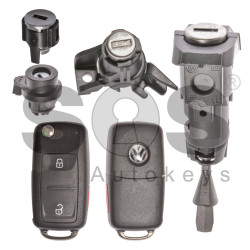 OEM Set for VW UDS/MQB Buttons:2+1 / Frequency: 315MHz / Transponder: Megamos Crypto 88 / AES / Blade Signature: HU66 / Set Part No: 2H1800375DC / Key Part No: 7E0837202BE