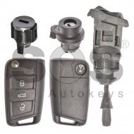 OEM Set for VW GOLF 7 / TOURAN Buttons:3 / Frequency: 434MHz / Transponder: Megamos Crypto 88/ AES / Blade signature: HU162T / Immobiliser System: MQB / Set Part No: 5TA800375 / Key Part No: 5G6959753Q / LEFT Door