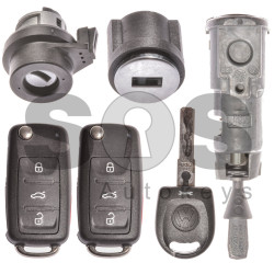 OEM Set for VW UDS Buttons:3+1 / Frequency: 315MHz / Transponder: Megamos Crypto / ID48 / Blade Signature: HU66 / Set Part No: 5N0800375BG / Key Part No: 5K0837202AE