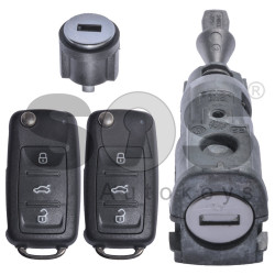 OEM Set for VW UDS Buttons:3 / Frequency: 434MHz / Transponder: Megamos Crypto / ID48 / Blade Signature: HU66 / Set Part No: 5N0800375BH / Key Part No: 5K0837202AJ / LEFT DOOR / KEYLESS GO
