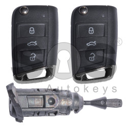 OEM Set for VW TOUARAN Buttons:3 / Frequency: 433MHz / Transponder: Megamos Crypto/ 128-bit/  AES / Blade signature: HU162T / Set Part No: 5TA800375DS / Key Part No: 5G6959752CJ / Keyless Go / LEFT DOOR