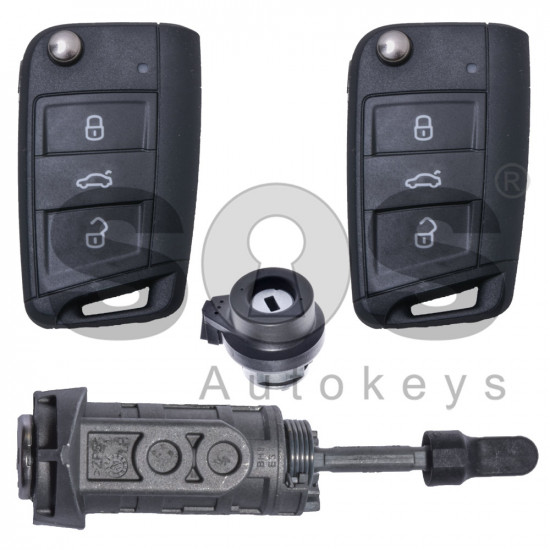 OEM Set for VW Buttons:3 / Frequency: 434MHz / Transponder: Megamos Crypto 88/ AES / Blade Signature: HU162T / Immobiliser system: MQB / Key Part No: 5G6959753Q