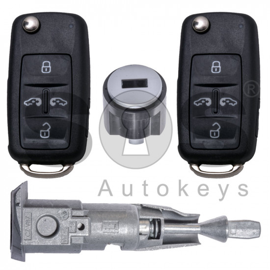 OEM Set for VW Sharan Buttons:5 / Frequency: 434MHz / Transponder: Megamos Crypto / 128-bits / AES / Blade Signature: HU66 / Set Part No: 7N0800375FN / Key Part No: 7N0837202AE / Keyless GO / LEFT DOOR