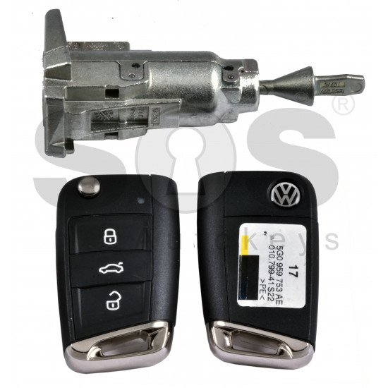 OEM Set for VW Golf 7  Buttons:3 / Frequency: 315MHz / Transponder: MEGAMOS 88 / Blade Signature: HU162T / Immobiliser System:MQB / Set Part No:  5G0 800 375 AJ / Key Part No: 5G0 959 753 AE  / Keyless go 