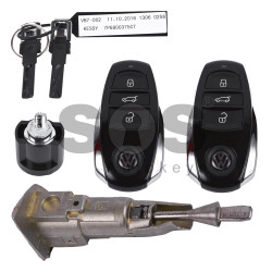 OEM Set for VW Touareg Buttons:3 / Frequency: 868MHz / Transponder: PCF7945 / Blade signature:HU66 / Part No: 7P6800375CK/ 7P6800375CM/ 7P6800375AM