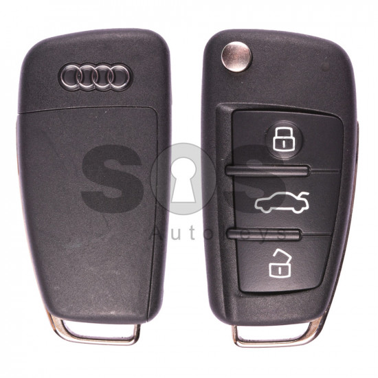 Flip Key For Audi A4 Buttons:3 / Frequency:434MHz / Transponder:ID 48 / Blade signature:HU66 / Immobiliser System:Kessy / Part No:8E0 837 220Q / AFTERMARKET
