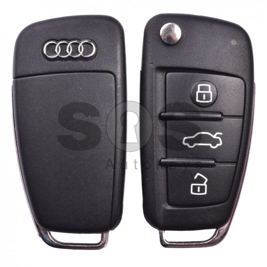 OEM Flip Key for Audi A1/Q3 Buttons:3 / Frequency:434MHz / Transponder:ID48 CAN / Part No:8X0 837 220 / 8X0 837 220 D / Blade signature:HU66 / Immobiliser System:Dashboard
