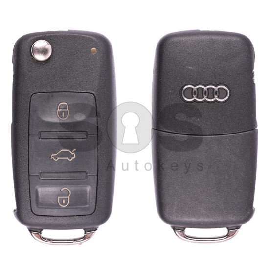 Flip Key for Audi A8 2002+ Buttons:3 / Frequency:433MHz / Transponder:PCF 7942/7944 /HITAG2 / Blade signature:HU66 / Immobiliser System:Kessy/ Part No:4E0 837 220AK / Keyless Go