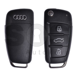 OEM Flip Key for Audi A3 Buttons:3 / Frequency:434MHz / Transponder:ID 48 / Blade signature:HU66 / Immobiliser System:Dashboard/Micronas / Part No:8P0 837 220 D (Scratched)