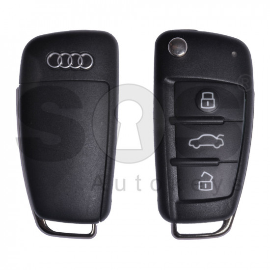 OEM Flip Key for Audi A3 Buttons:3 / Frequency:434MHz / Transponder:ID 48 / Blade signature:HU66 / Immobiliser System:Dashboard/Micronas / Part No:8P0 837 220 D (Scratched)
