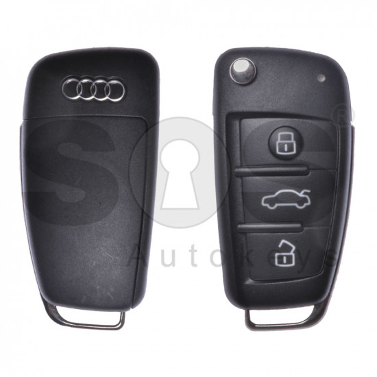 OEM Flip Key for Audi A3 Buttons:3 / Frequency:315MHz / Transponder:ID48 /Megamos CAN / Blade signature:HU66 / Immobiliser System:Dashboard/Micronas / Part No 8P0 837 220 F