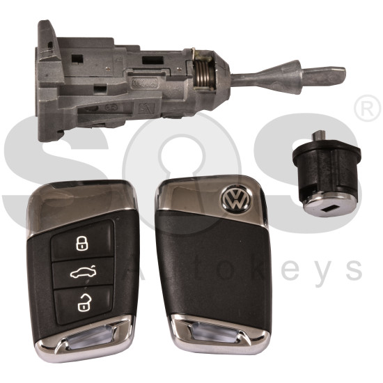 ORIGINAL Set for VW Passat B8 Buttons:3 / Frequency: 433MHz / Transponder: MEGAMOS 88/ID49 /  Immobiliser system: MQB / Set Part No: 3GB 800 375 D / Key Part No: 3G0 959 752 AL / Keyless Go / 