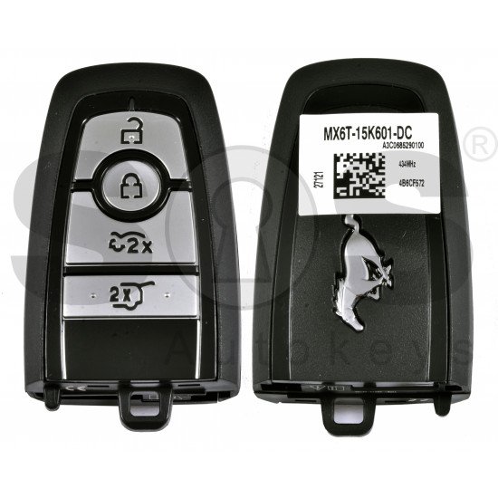 OEM Smart Key For Ford Mustang Buttons:4 / Frequency:434MHz / Transponder:HITAG PRO / Blade signature:HU101 / Part No: MX6T-15K601-DC / Keyless GO