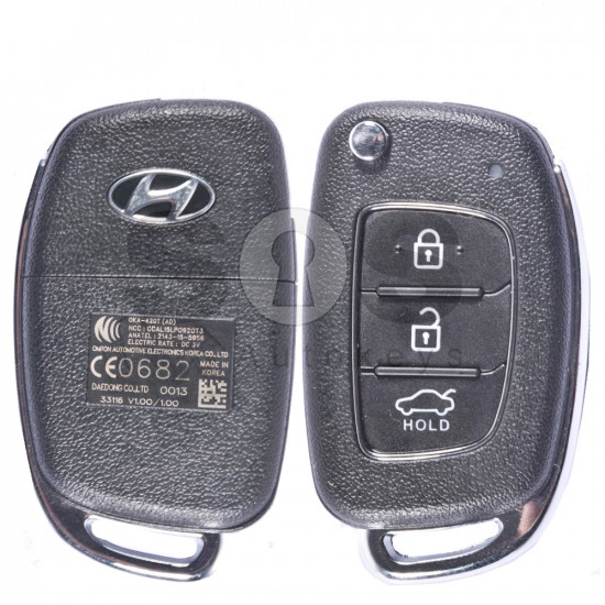 OEM Flip Key for Hyundai Buttons:3 / Frequency:433MHz / Blade signature:HY22 / Immobiliser System:Immobiliser Box / Part No:OKA-420T (AD)/ 0682