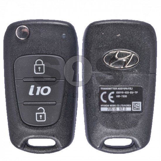 OEM Flip Key for Hyundai I10 Buttons:2 / Frequency:433Mhz / Transponder:PCF 7936 / Blade signature:HY22 / Immobiliser System:Immobiliser Box / Part No:0X010-433-EU-TP