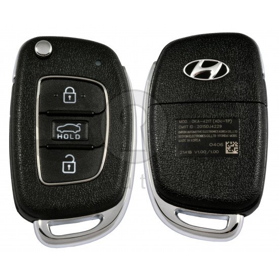 Flip Key for Hyundai Buttons:3 / Frequency:433MHz / Transponder:4D60 80Bit / Blade signature:HY22 / Immobiliser System:Immobiliser Box / Model No:OKA-421T(ADC-TP)