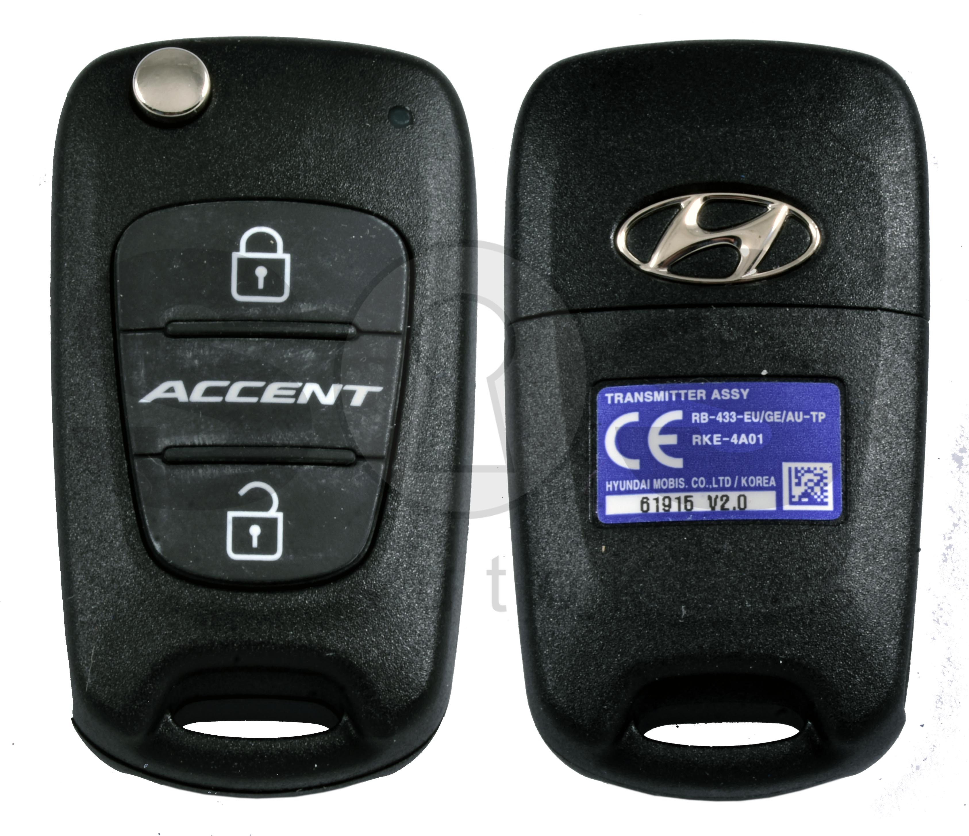 OEM Flip Key for Hyundai Accent 2012-2013 Buttons:2 / Frequency:433MHz /  Transponder:PCF 7936/ HITAG2 / Blade signature:HY22 / Immobiliser  System:Immobiliser Box / Part No: 95430-1R110