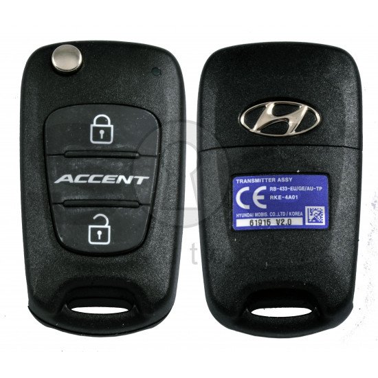 OEM Flip Key for Hyundai Accent 2012-2013  Buttons:2 / Frequency:433MHz / Transponder:PCF 7936/ HITAG2 / Blade signature:HY22 / Immobiliser System:Immobiliser Box / Part No: 95430-1R110