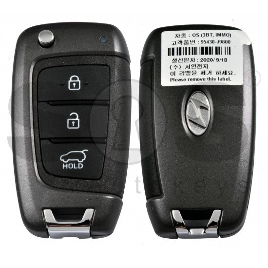 OEM Flip Key for Hyundai KONA 2018-2020 Buttons:3 / Frequency:433MHz / Transponder:  TIRIS DST80   / Blade signature: / Immobiliser System:Immobiliser Box / Part No:  95430-J9800