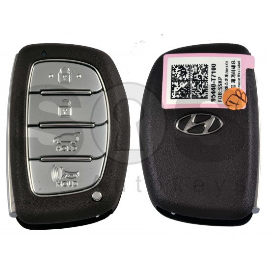 OEM Smart Key for Hyundai I20 2021+ Buttons:4 / Frequency: 433MHz / Transponder: ATMEL AES / Blade signature:HY22 / Part No: 95440-T7100 / Keyless Go