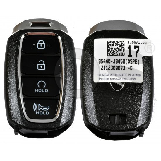 OEM Smart Key for Hyundai Kona 2021+ Buttons:4 / Frequency:433MHz / Transponder:  NCF29A/HITAG 3/ Blade signature:HY22 / Part No:  95540-J9450	/ Keyless Go / Automatic Start
