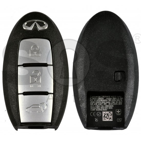 OEM Smart Key for Infiniti JX 2013 Buttons:3  / Frequency:434MHz / Transponder: PCF7952/HITAG3 / Blade signature:NSN14 /Part No: 285E3-9NB3A / Little Scratched 